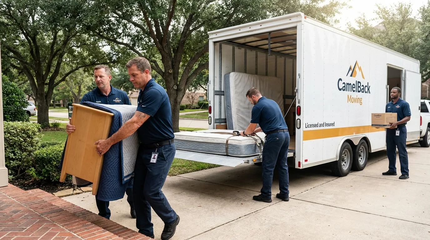 Crew loading residential truck for cross-state move from Maysville, OK
