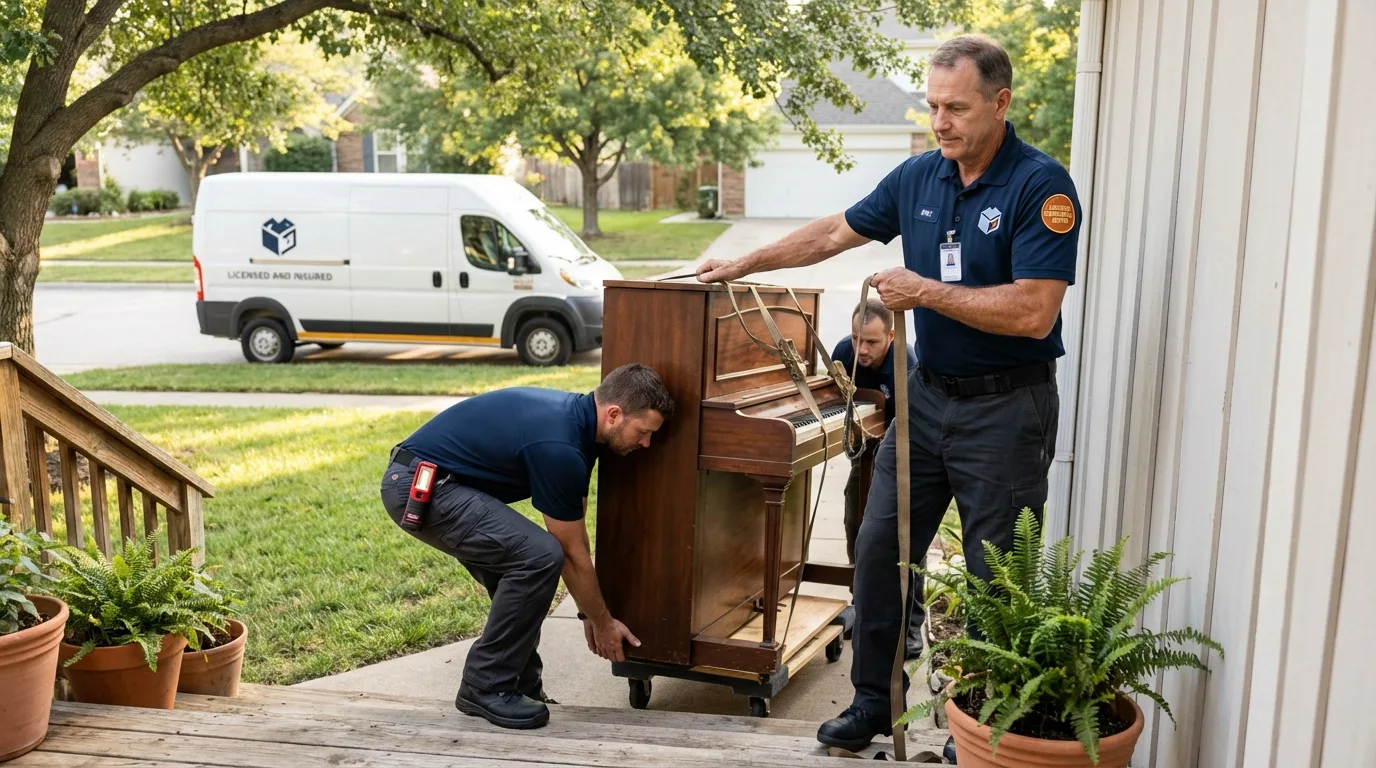 Licensed piano movers securing grand piano in Maysville, OK