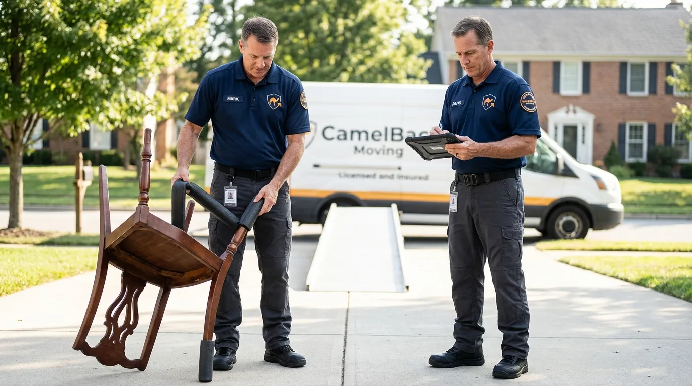 Movers inspecting furniture for damage prevention before loading in Maysville, OK