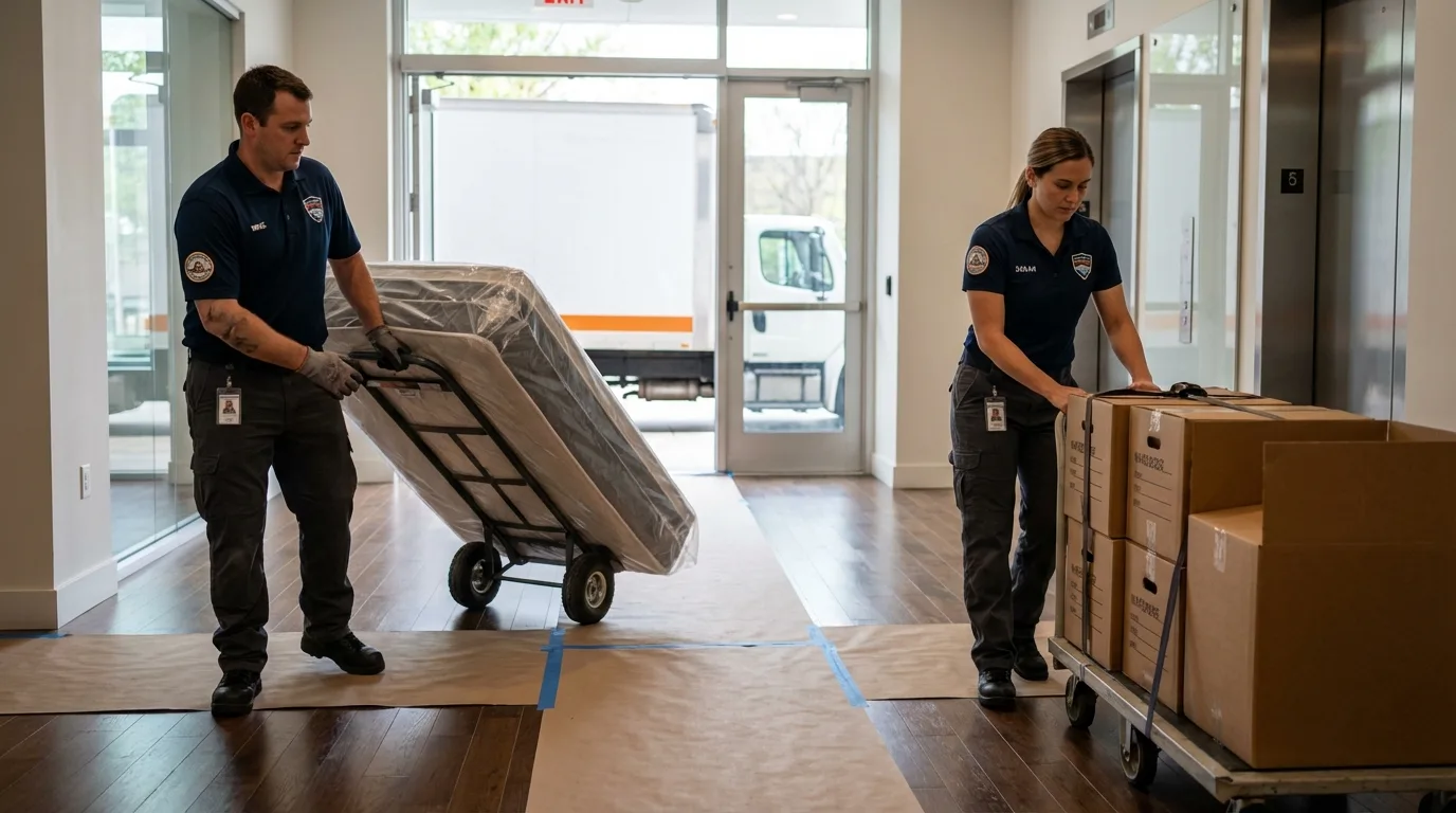 Professional apartment movers loading elevator in Maysville, OK