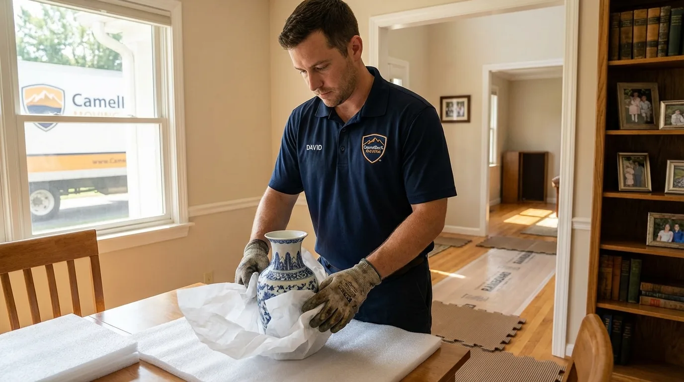 Professional crew carefully wrapping antique vase for senior downsizing move in Maysville, OK